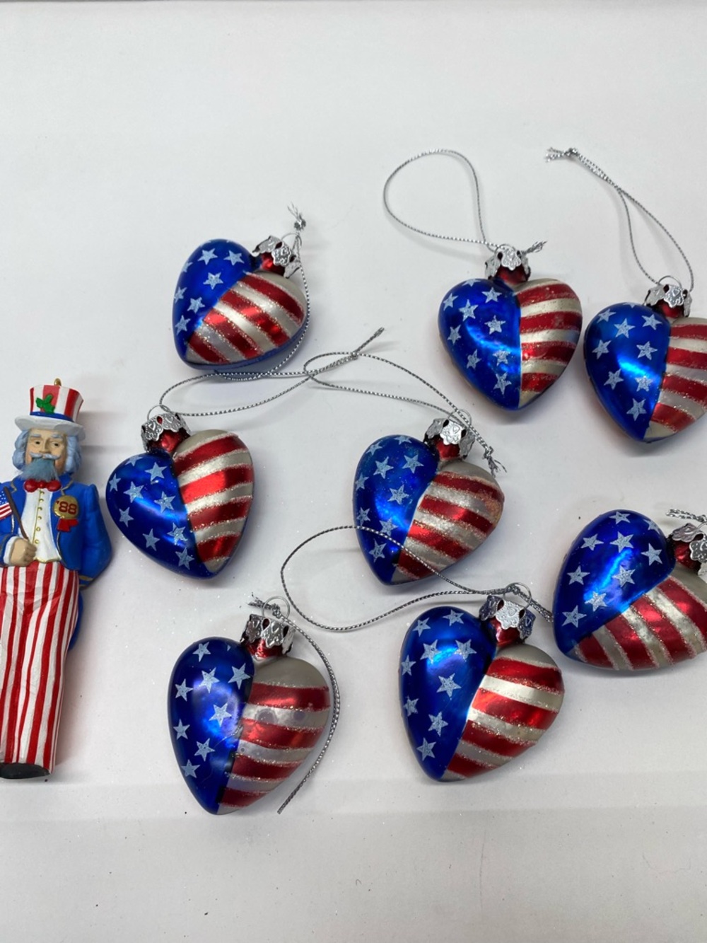 Patriotic Heart Ornament Set of 8 1 Uncle Sam Nutcracker Ornament Americana 4th - Picture 10 of 15